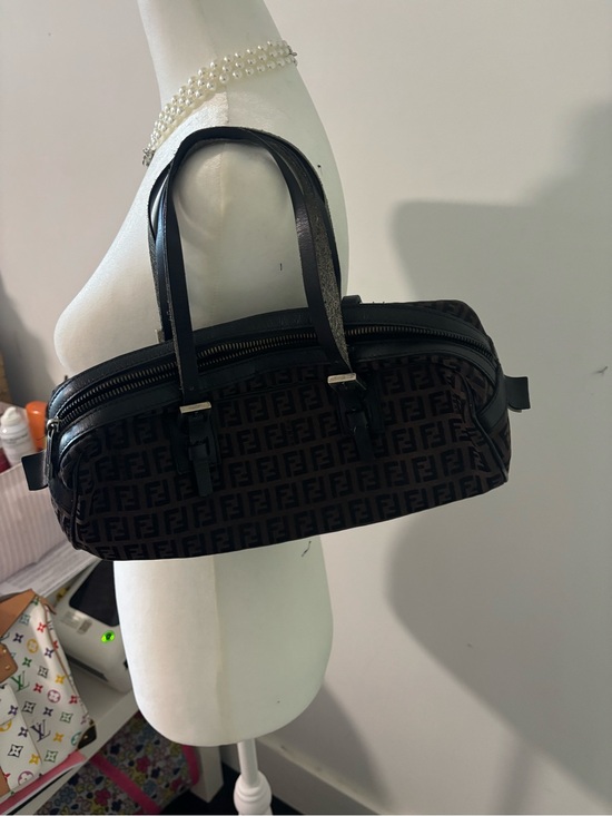 Fendi Handbags - Fendi Black Leather Trim Monogram Barrel Bag (Interior View)